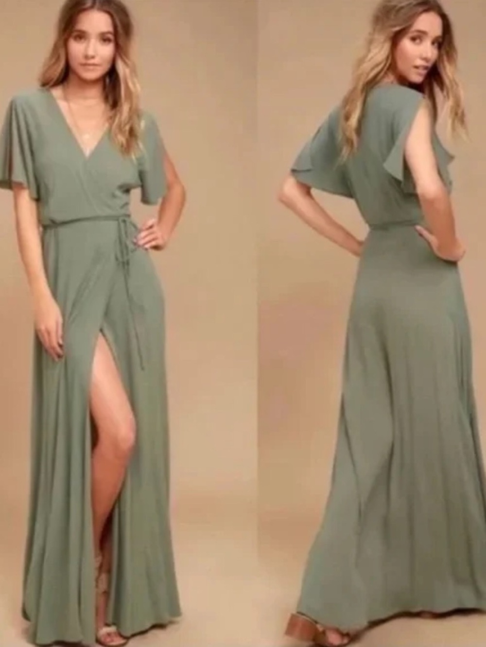 Lulus Much Obliged Washed Olive Green Wrap Maxi Dress